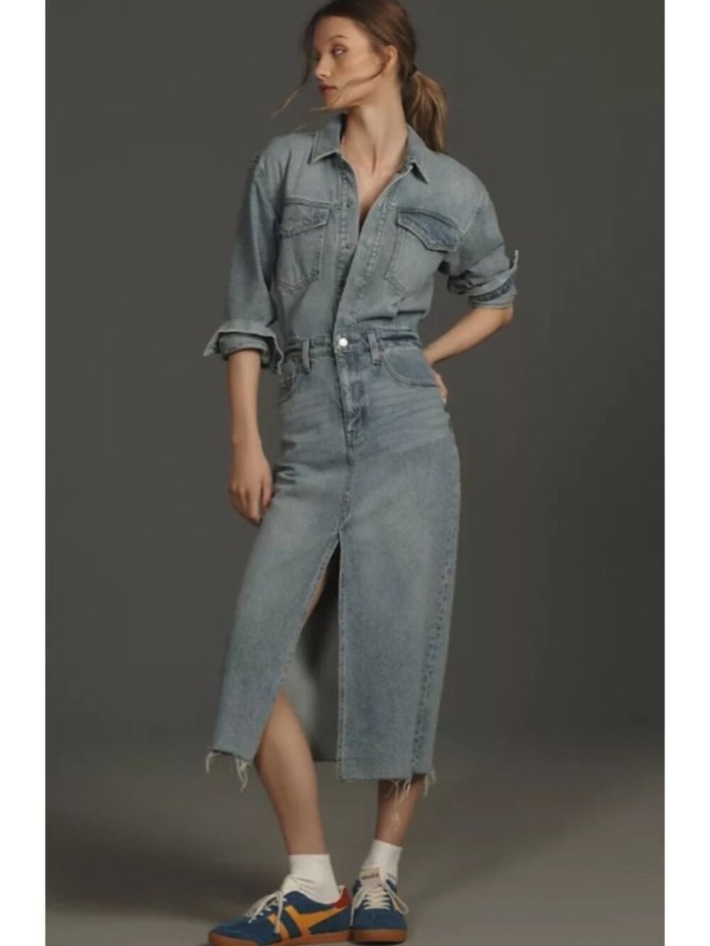 NEW Pistola Amira Denim Midi Dress Lightweight Long-Sleeve Grunge Small Light
